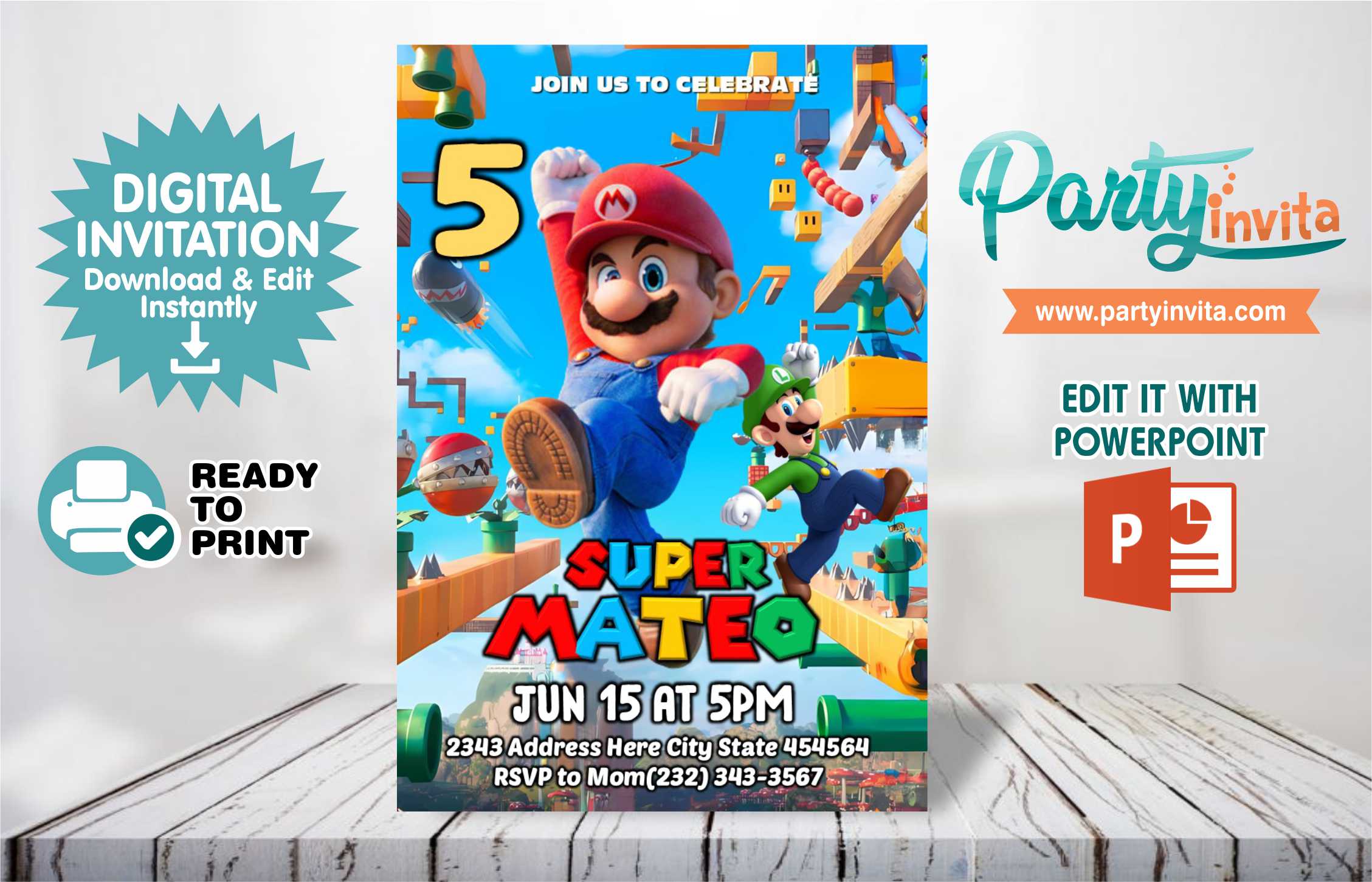 Super Mario Bros Invitation Editable in Powerpoint