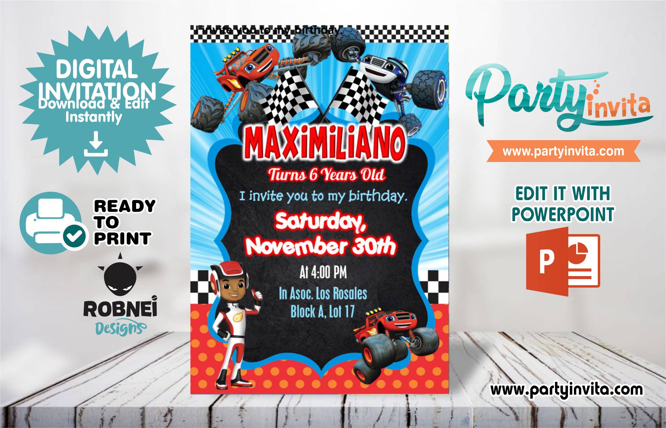 Blaze y los Monster Machines Invitation Editable in Powerpoint