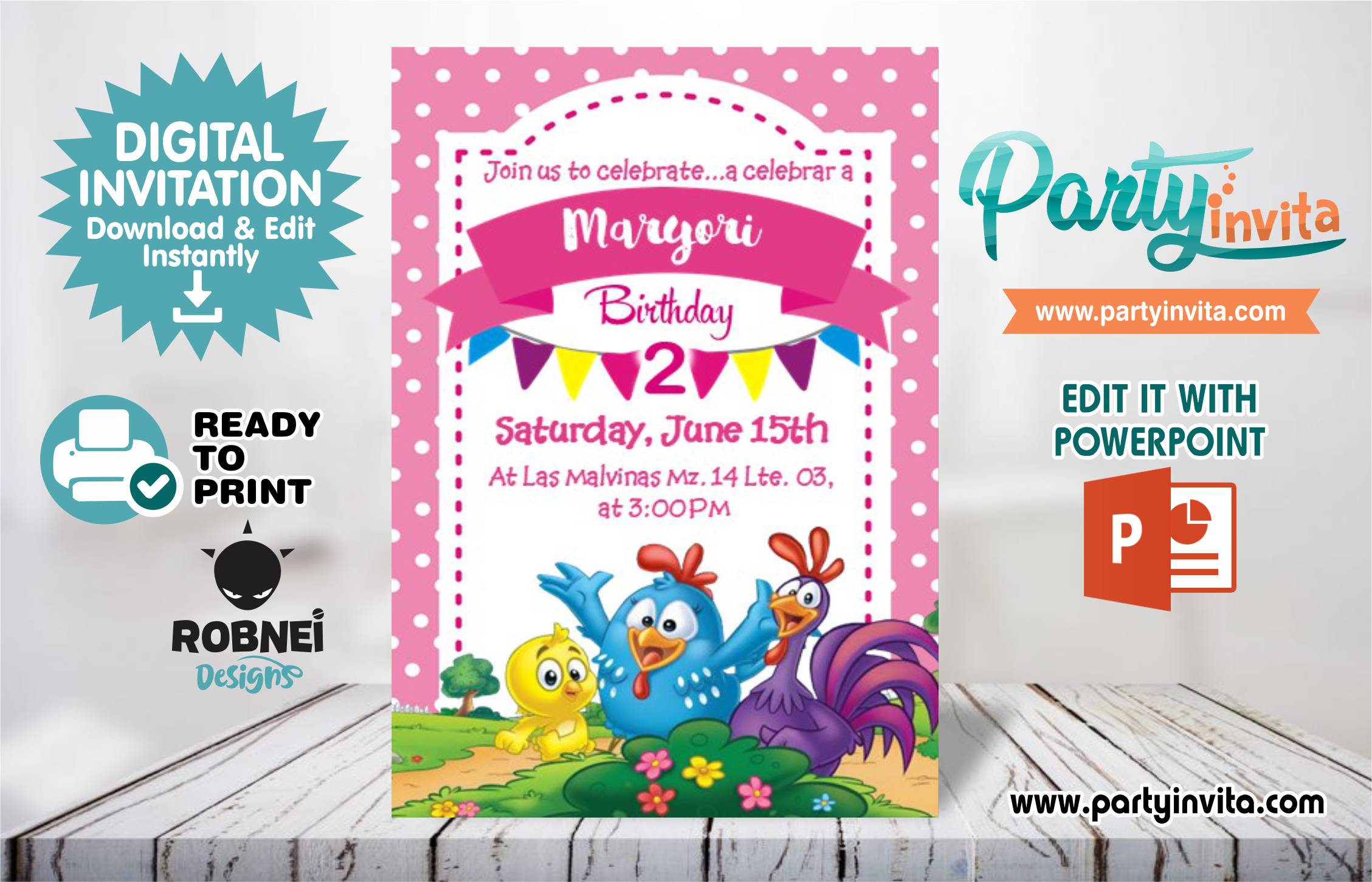 Little Painted Hen Girl Invitation Editable in Powerpoint