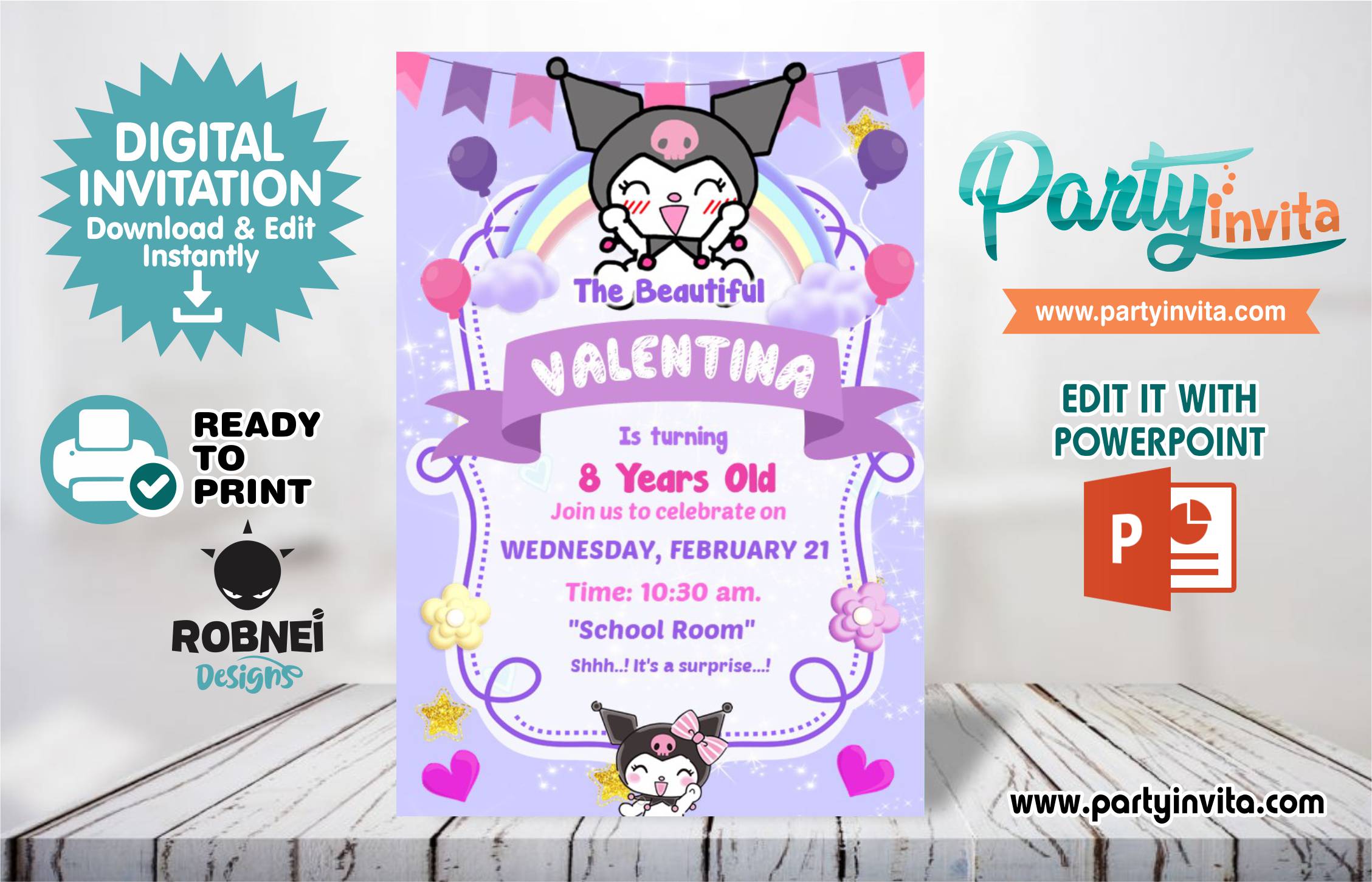 Kuromi Invitation Editable in Powerpoint