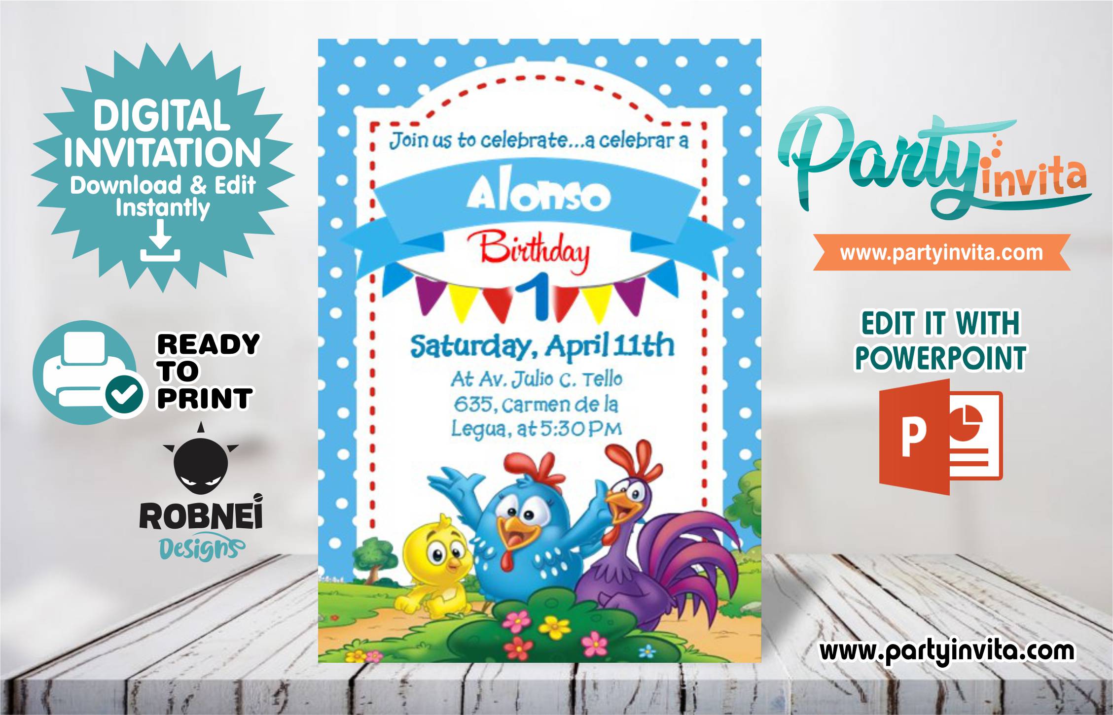 Little Painted Hen Boy Invitation Editable in Powerpoint