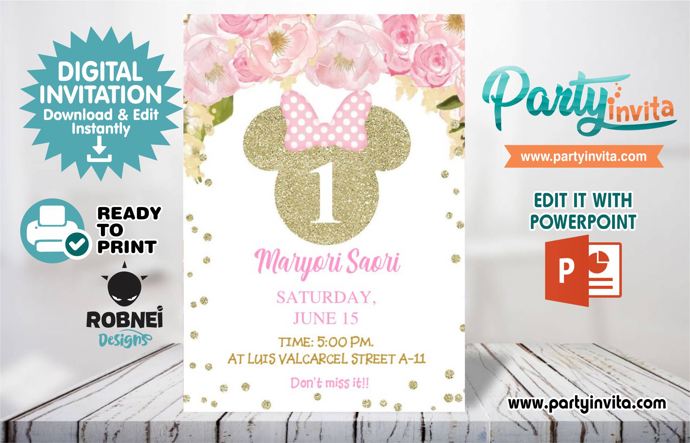 Minnie Gold Invitation Editable in Powerpoint