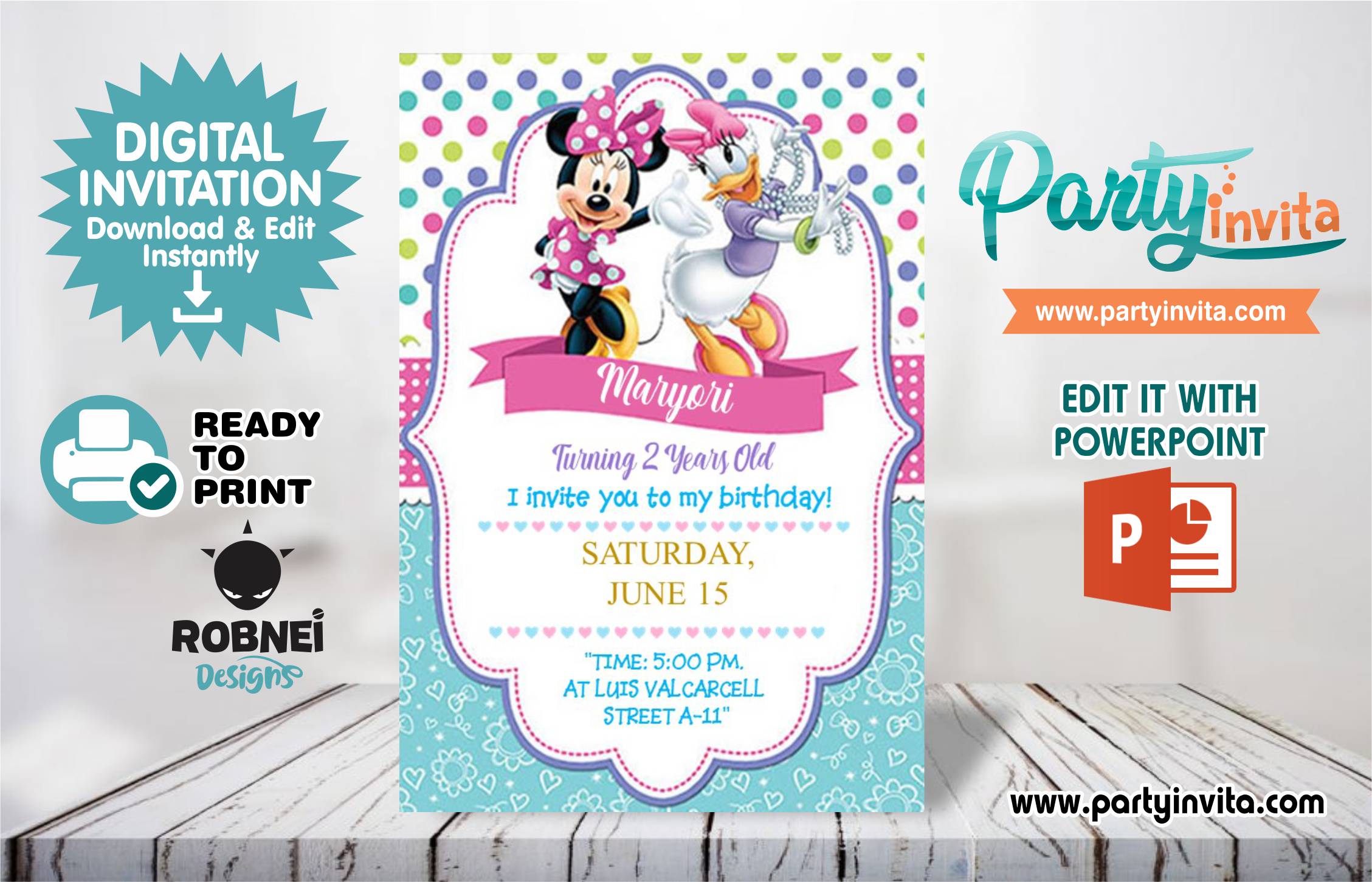 Minnie Mouse and Daisy Duck Invitation Editable in Powerpoint