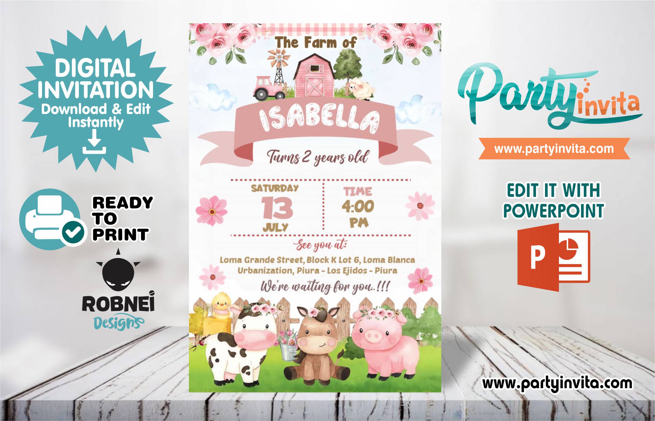 Pink Animal Farm Invitation Editable in Powerpoint